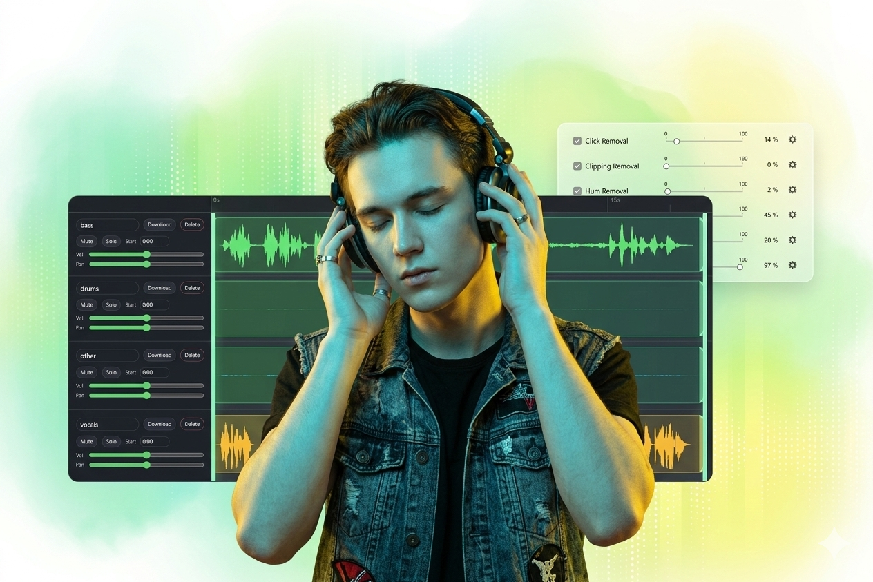 보컬, 드럼, 베이스를 분리하는 3-in-1 AI 오디오 분리기