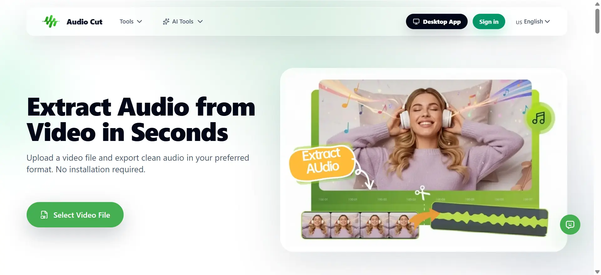 AudioCut interface for extracting audio from a video file