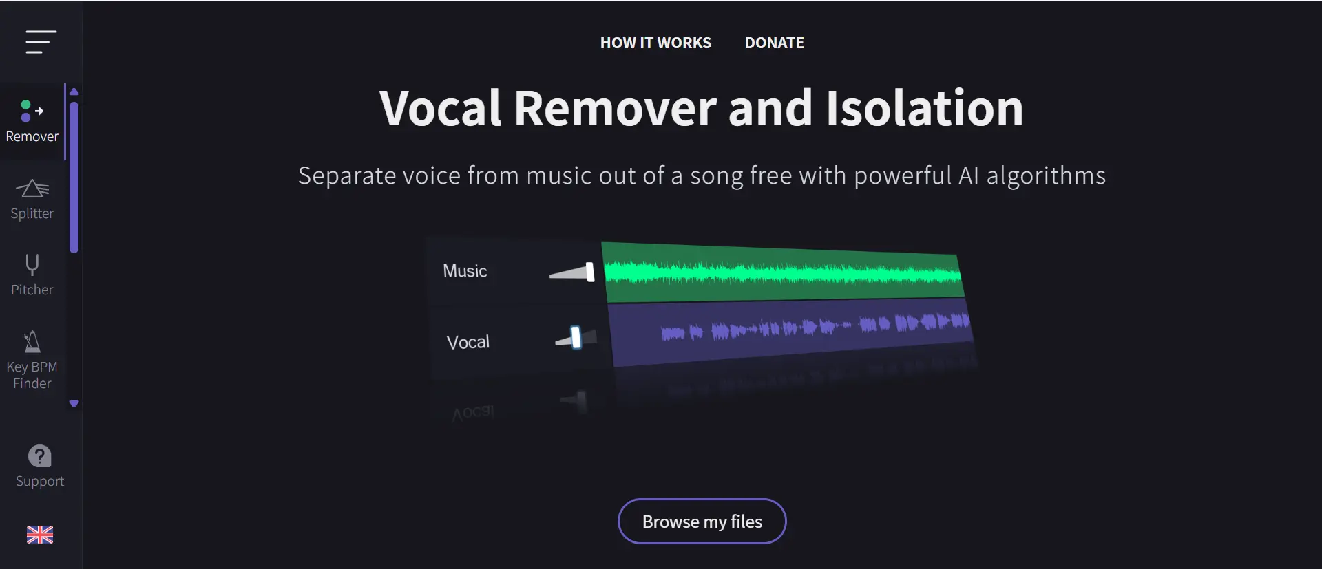 AudioCut Vocal Remover tool separating vocals from an instrumental track