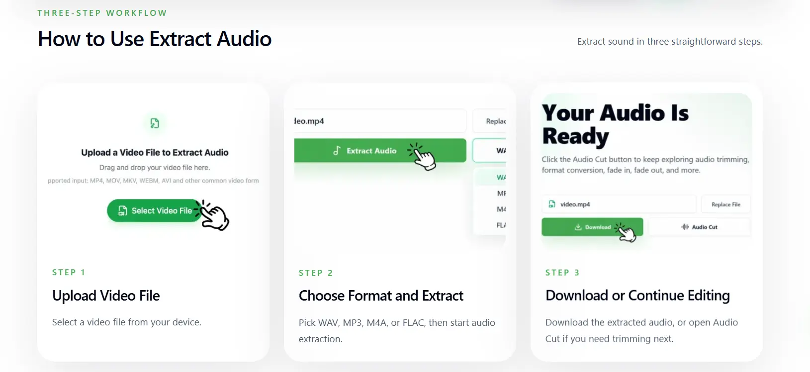Step-by-step screenshot of uploading, previewing, and exporting audio from a video in AudioCut