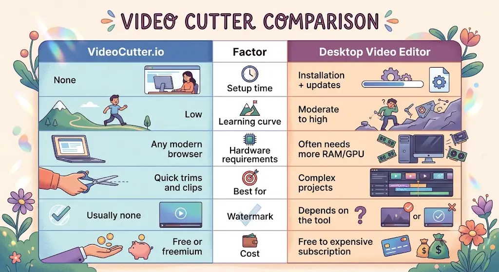 Online YouTube cutter vs desktop video editor comparison — setup time, learning curve, hardware requirements, and cost differences
