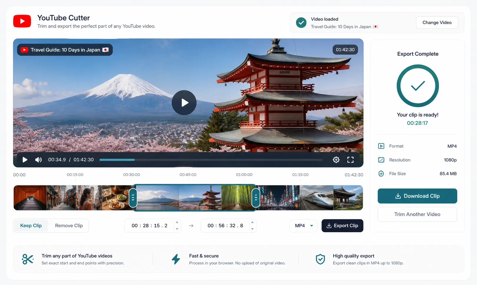 Key features of a reliable YouTube cutter — precise trimming, fast processing, no watermark, format support, and 4K capability
