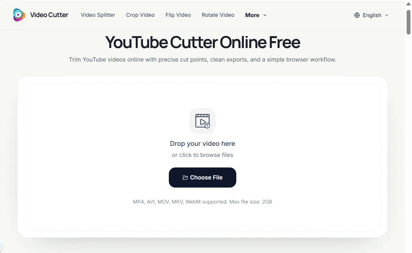 Step 1: Upload your video to VideoCutter.io YouTube cutter — drag and drop or click upload, supports MP4 AVI MOV MKV WebM up to 2GB